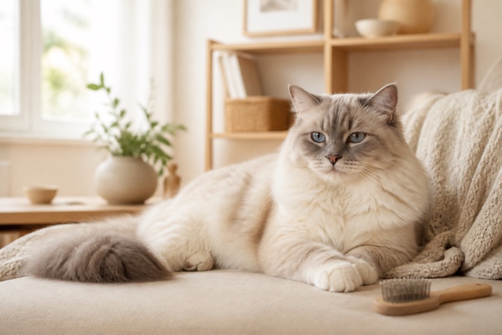 Well-groomed cat relaxing at home