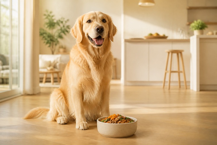 Healthy golden retriever beside a food bowl